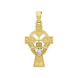 Claddagh Celtic Cross with Lucky Four Leaf Clover 14K Yellow Gold Pendant GPD5359 - Jewelry