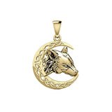 Wolf with Celtic Crescent Moon Solid Gold Pendant GPD5726 - Jewelry