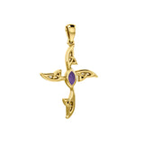 Celtic Cross 14K Solid Gold Pendant with Purple Gemstone