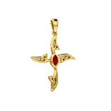 Celtic Cross 14K Solid Gold Pendant with Red Gemstone