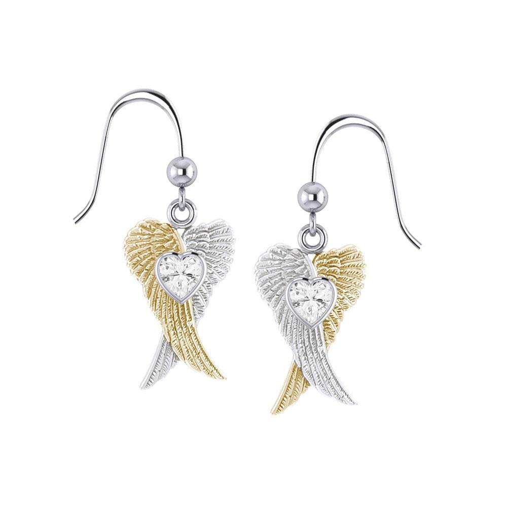 Heart Gemstone and Double Angel Wings Silver and 14K Gold Plate Earrings MER1744 - Jewelry
