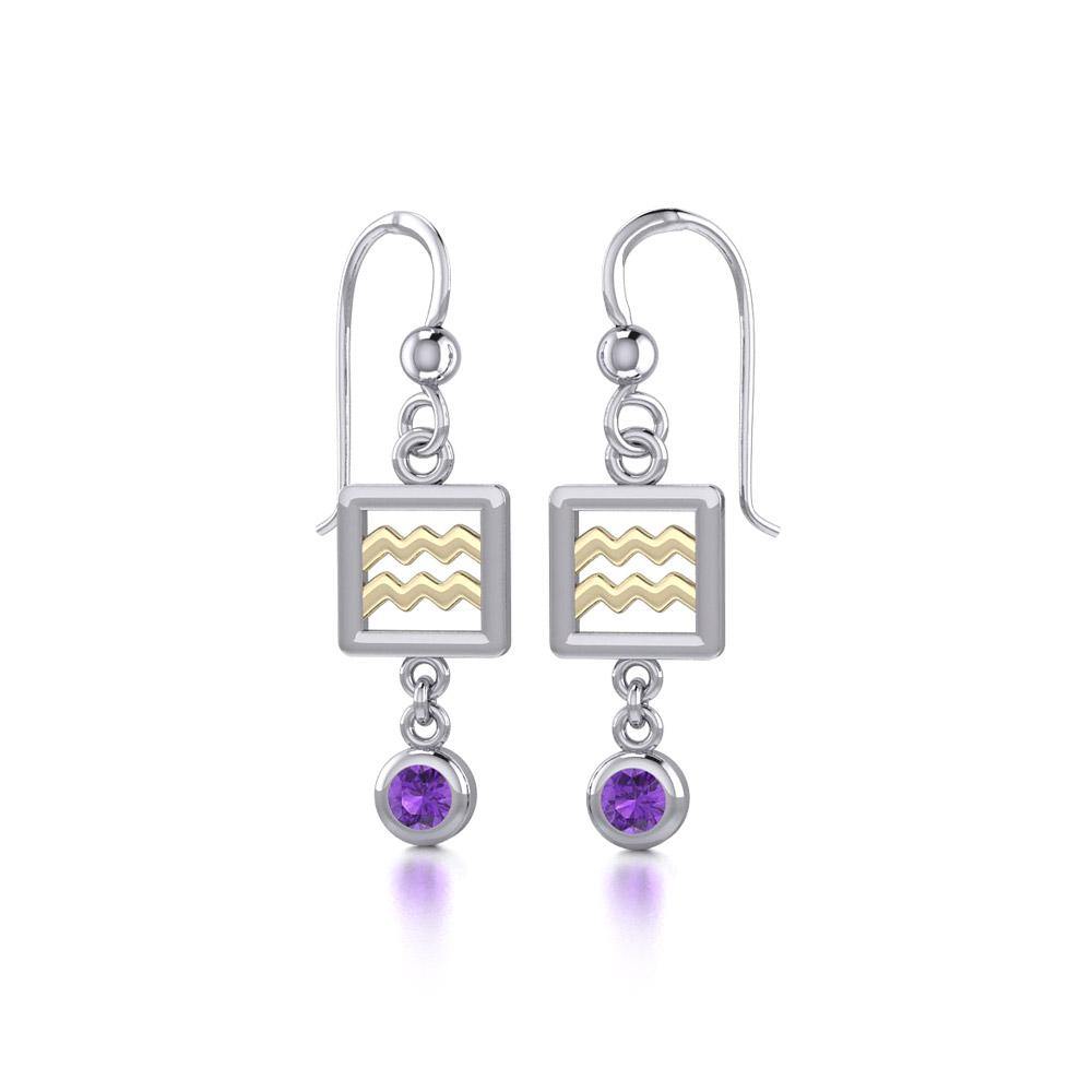 Aquarius Zodiac Sign Silver and Gold Earrings Jewelry with Amethyst MER1767 - Jewelry