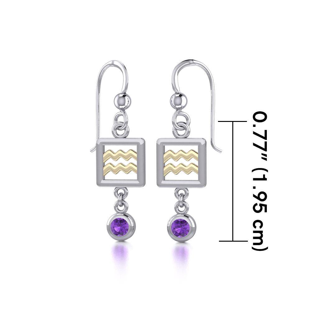 Aquarius Zodiac Sign Silver and Gold Earrings Jewelry with Amethyst MER1767 - Jewelry
