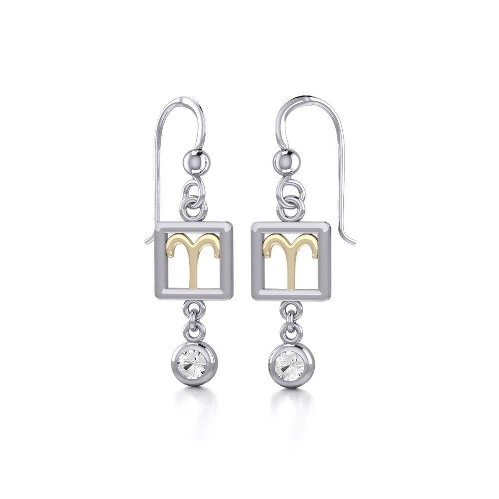 Aries Zodiac Sign Silver and Gold Earrings Jewelry with White Stone MER1769 - Jewelry