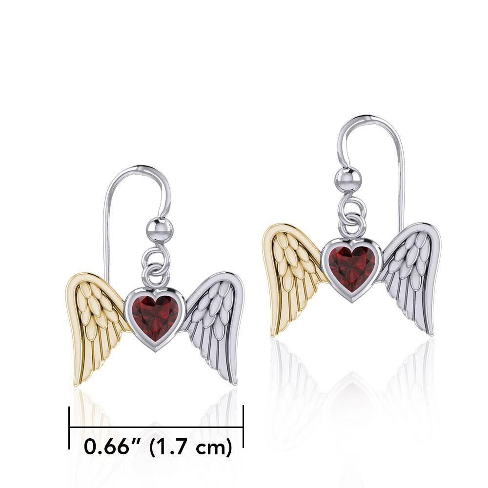 Gemstone Heart and Flying Angel Wings Silver and Gold Earrings MER1782 - Jewelry
