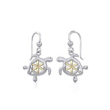 Swimming Turtle with Flower of Life Shell Silver and Gold Accent Earrings MER1786