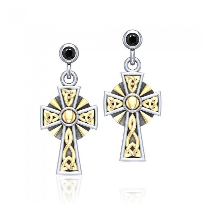 Wear your divine style ~ Sterling Silver Jewelry Celtic Cross Earrings with 18k Gold accent - Jewelry