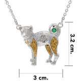 Sacred Celtic Cat with Five-Pointed Star Silver and 18 Karat Gold Plate Necklace with Genuine Emerald