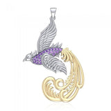 Multifaceted and Alighting Phoenix ~ Sterling Silver Jewelry Pendant with 14k Gold Accents MPD2917