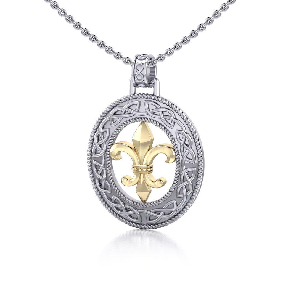 Celtic Knot Fleur De Lis Gold Accent Silver Pendant MPD336 - Jewelry