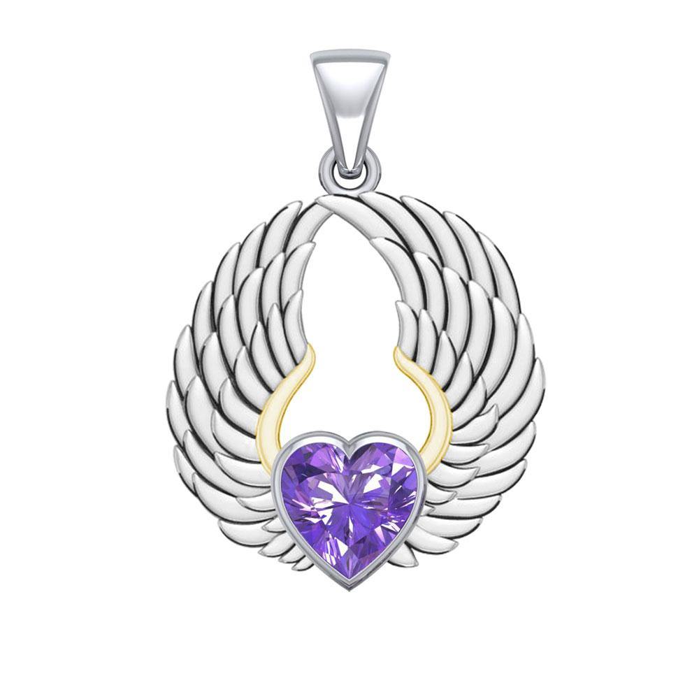Gemstone Heart and Angel Wings Silver and 14K Gold Plated Pendant MPD5223 - Jewelry