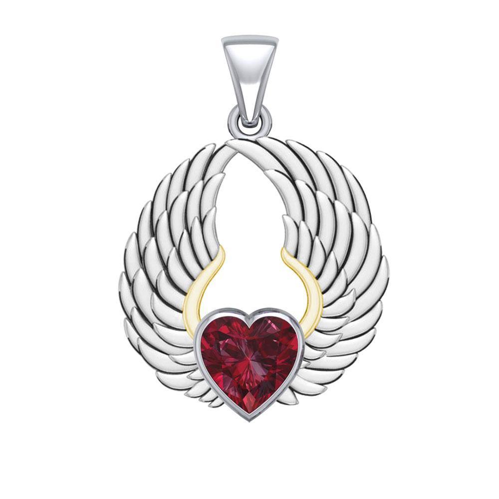 Gemstone Heart and Angel Wings Silver and 14K Gold Plated Pendant MPD5223 - Jewelry