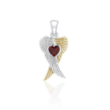 Heart Gemstone and Double Angel Wings Silver and 14K Gold Plate Pendant MPD5229 - Jewelry