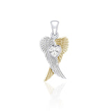 Heart Gemstone and Double Angel Wings Silver and 14K Gold Plate Pendant MPD5229 - Jewelry