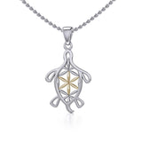 Turtle with Flower of Life Shell Silver and Gold Pendant MPD5271 - Jewelry