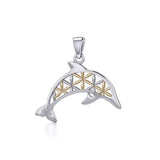 Swimming Dolphin with Flower of Life Silver and Gold Accent Pendant MPD5272 - Jewelry