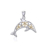Swimming Dolphin with Flower of Life Silver and Gold Pendant MPD5272 - Jewelry