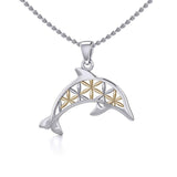 Swimming Dolphin with Flower of Life Silver and Gold Accent Pendant MPD5272 - Jewelry