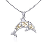 Swimming Dolphin with Flower of Life Silver and Gold Pendant MPD5272 - Jewelry