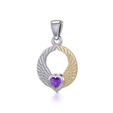 Double Angel Wings Silver and 14K Gold Plate Pendant with Gemstone MPD5286 - Jewelry