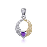 Double Angel Wings Silver and 14K Gold Plate Pendant with Gemstone MPD5286 - Jewelry