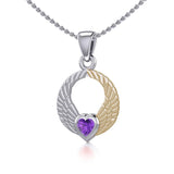 Double Angel Wings Silver and 14K Gold Plate Pendant with Gemstone MPD5286 - Jewelry