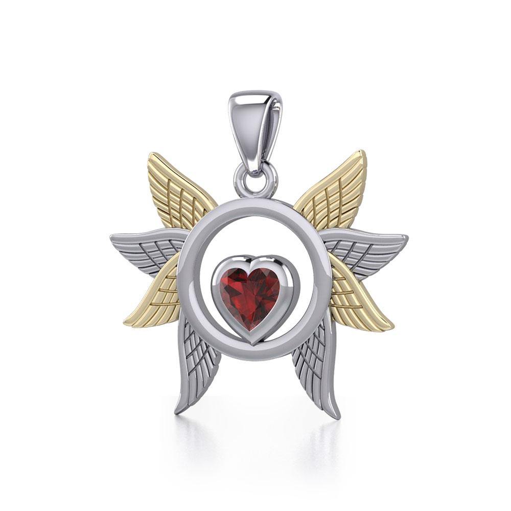 Spreading Angel Wings Silver and 14K Gold Plate Pendant with Gemstone MPD5289 - Jewelry