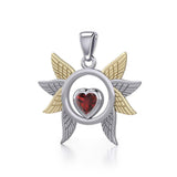 Spreading Angel Wings Silver and 14K Gold Plate Pendant with Gemstone MPD5289