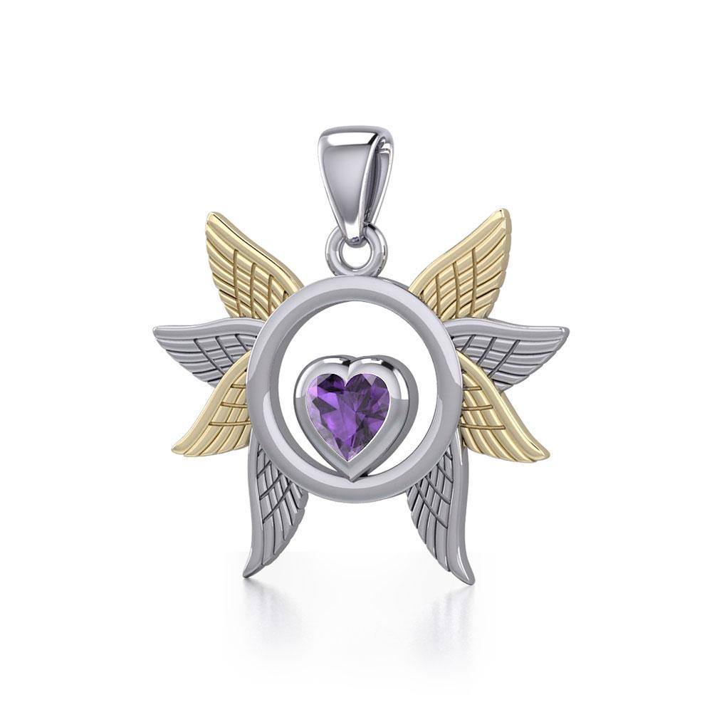 Spreading Angel Wings Silver and 14K Gold Plate Pendant with Gemstone MPD5289 - Jewelry