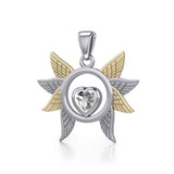Spreading Angel Wings Silver and 14K Gold Plate Pendant with Gemstone MPD5289 - Jewelry