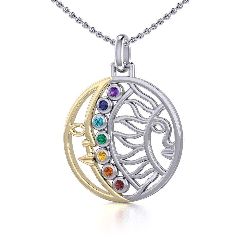 Sun and Moon Silver and Gold Pendant with Chakra Gemstone MPD5290 - Jewelry