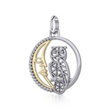 Silver Flower of Life Owl on The Golden Crescent Moon Pendant MPD5301 - Jewelry