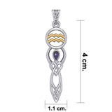 Celtic Goddess Aquarius Astrology Zodiac Sign Silver and Gold Accents Pendant with Garnet MPD5933 - Jewelry