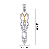 Celtic Goddess Aries Astrology Zodiac Sign Silver and Gold Accents Pendant with White Stone MPD5935