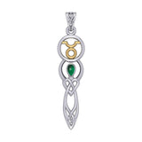 Celtic Goddess Taurus Astrology Zodiac Sign Silver and Gold Accents Pendant with Emerald MPD5936