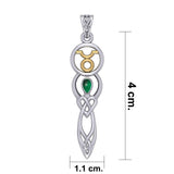 Celtic Goddess Taurus Astrology Zodiac Sign Silver and Gold Accents Pendant with Emerald MPD5936