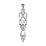 Celtic Goddess Gemini Astrology Zodiac Sign Silver and Gold Accents Pendant with Mother of Pearl MPD5937