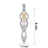 Celtic Goddess Gemini Astrology Zodiac Sign Silver and Gold Accents Pendant with Mother of Pearl MPD5937 - Jewelry