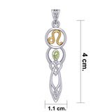 Celtic Goddess Leo Astrology Zodiac Sign Silver and Gold Accents Pendant with Peridot MPD5939 - Jewelry