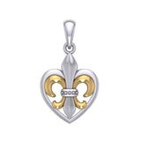 A powerful Sterling Silver with 14K Gold accent Jewelry Pendant in Fleur-de-Lis and Heart MPD6067