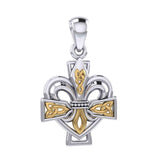 A powerful combination of Celtic elements ~ Sterling Silver with 14K Gold accent Jewelry Pendant in Fleur-de-Lis and Celtic Cross MPD6068 - Jewelry