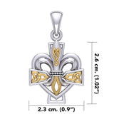 A powerful combination of Celtic elements ~ Sterling Silver with 14K Gold accent Jewelry Pendant in Fleur-de-Lis and Celtic Cross MPD6068 - Jewelry
