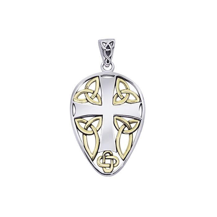 Celtic Knotwork Cross Shield Gold Accent Silver Pendant MPD990 - Jewelry
