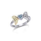 Heart Gemstone and Double Angel Wings Silver and Gold Ring MRI1839 - Jewelry