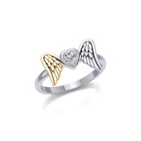 Heart Gemstone and Double Angel Wings Silver and Gold Ring MRI1839 - Jewelry