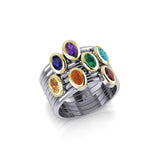 Oval Chakra Gemstone on Silver and Gold Stack Ring MRI1856 - Jewelry