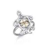 Turtle with Flower of Life Shell Silver and Gold Ring MRI1894 - Jewelry