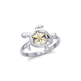 Swimming Turtle with Flower of Life Shell Silver and Gold Ring MRI1895 - Jewelry