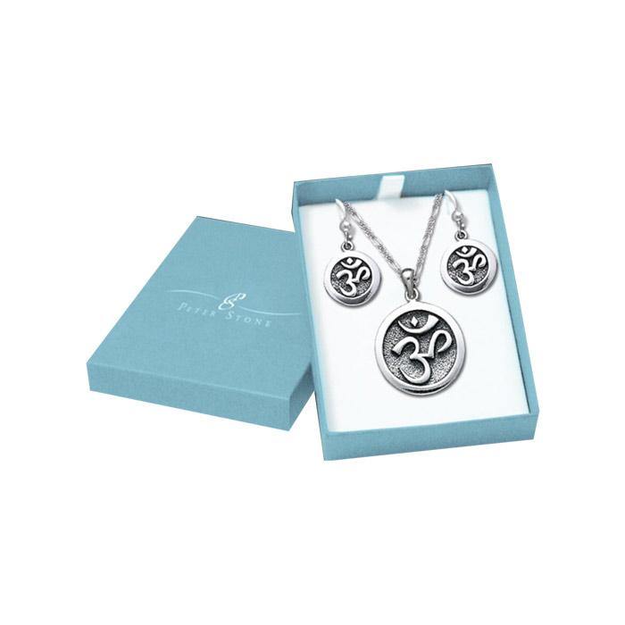 Awakening the Sacred Mantra on Om Meditation Silver Pendant Chain and Earrings Box Set SET053 - Jewelry