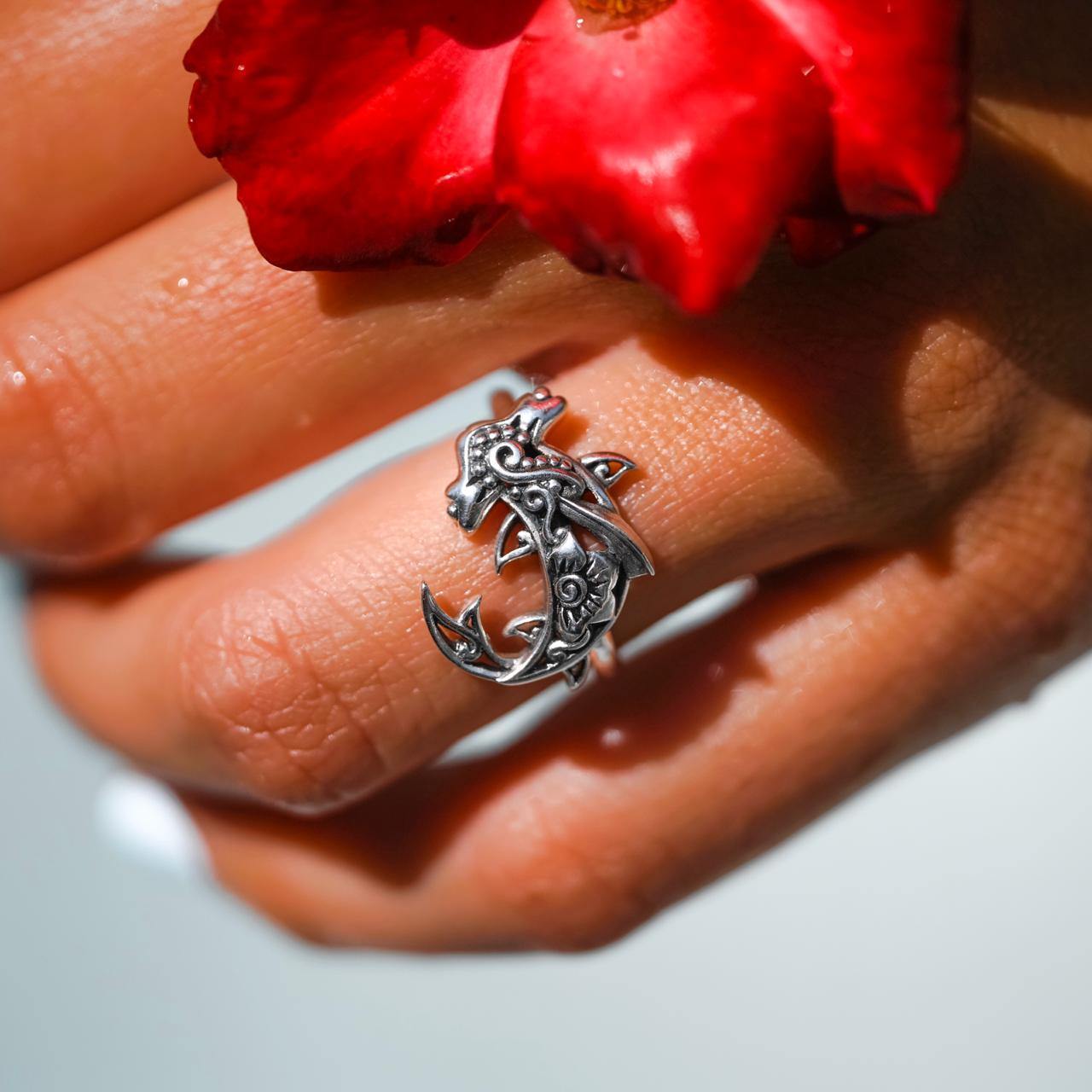 Swim through the endless journey Silver Hammerhead Shark Filigree Ring TRI1796 - Jewelry
